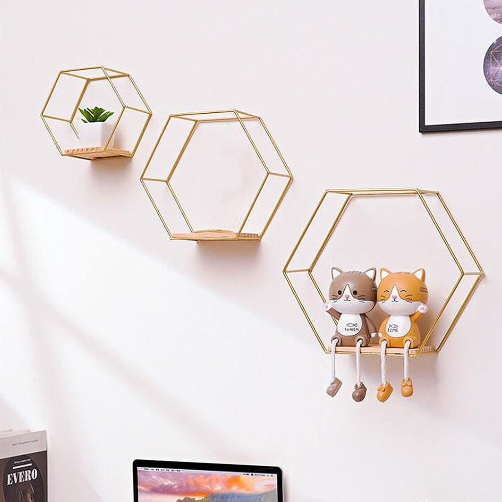 3 Pcs Gold Hexagon Wall Shelves, Floating Decorative Wire Wall Mounted Shelf, Multi-use Geometric Floating Shelves Metal Shelving for Bedroom Living Room Kitchen Office, 6.7in 9.4in 11in