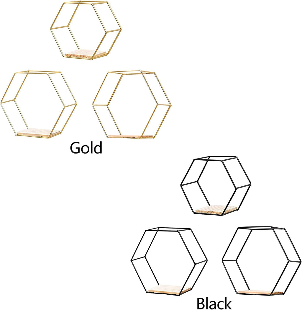 3 Pcs Gold Hexagon Wall Shelves, Floating Decorative Wire Wall Mounted Shelf, Multi-use Geometric Floating Shelves Metal Shelving for Bedroom Living Room Kitchen Office, 6.7in 9.4in 11in