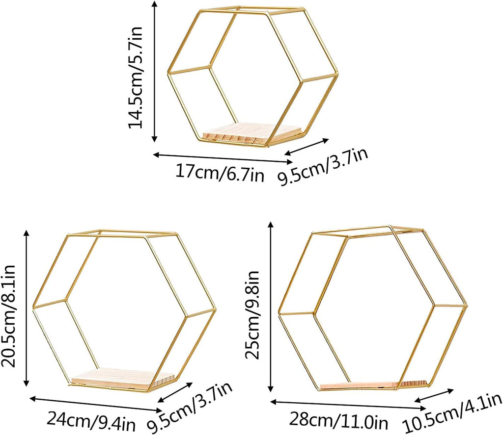 3 Pcs Gold Hexagon Wall Shelves, Floating Decorative Wire Wall Mounted Shelf, Multi-use Geometric Floating Shelves Metal Shelving for Bedroom Living Room Kitchen Office, 6.7in 9.4in 11in