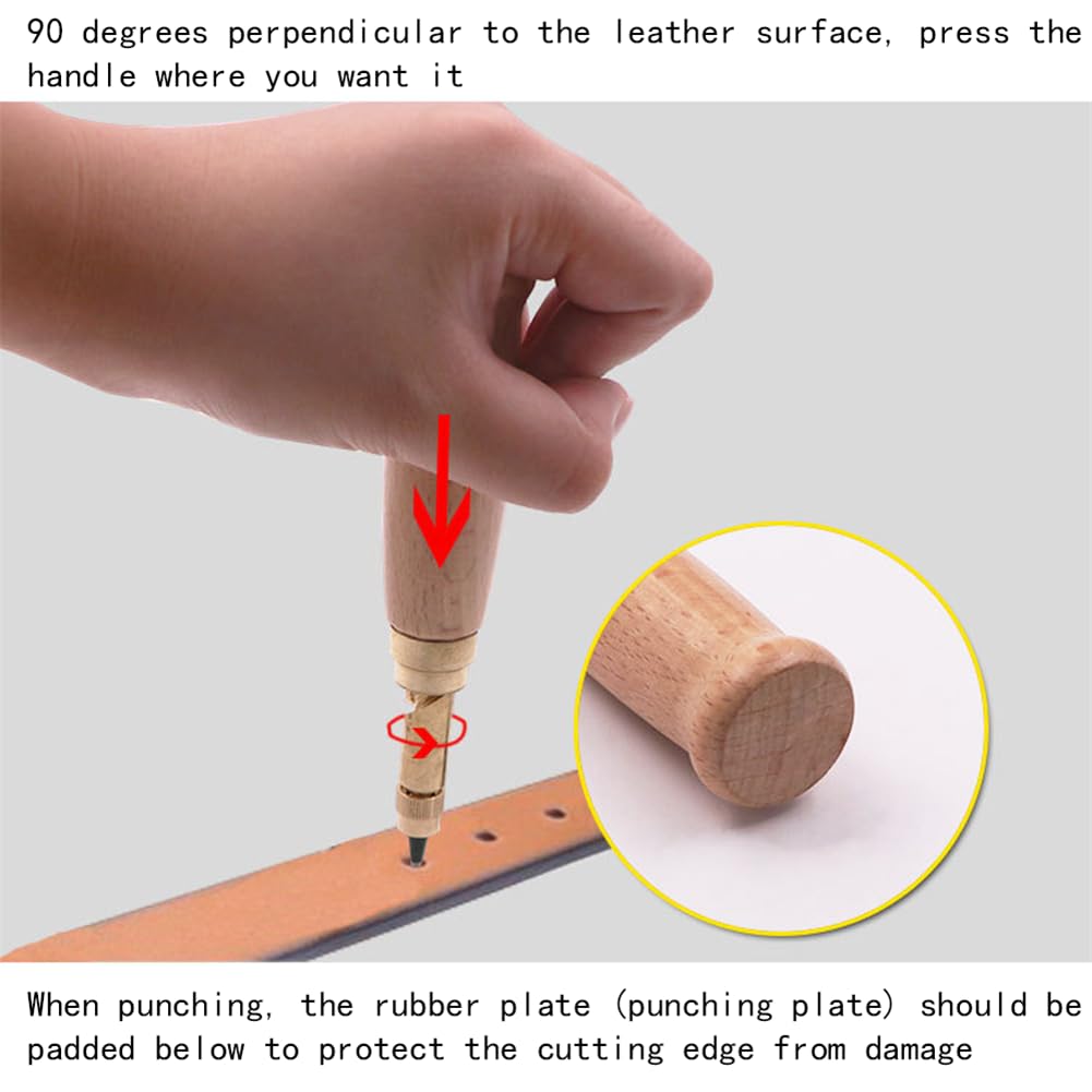 Adjustable Screw Hole Punch Automatic Hole Punch Tool with Wood Color Wooden Handle Bookbinding Tool Leather Hole Punch with 6 Tips Size 1.5mm/2mm/2.5mm/3mm/3.5mm/4mm