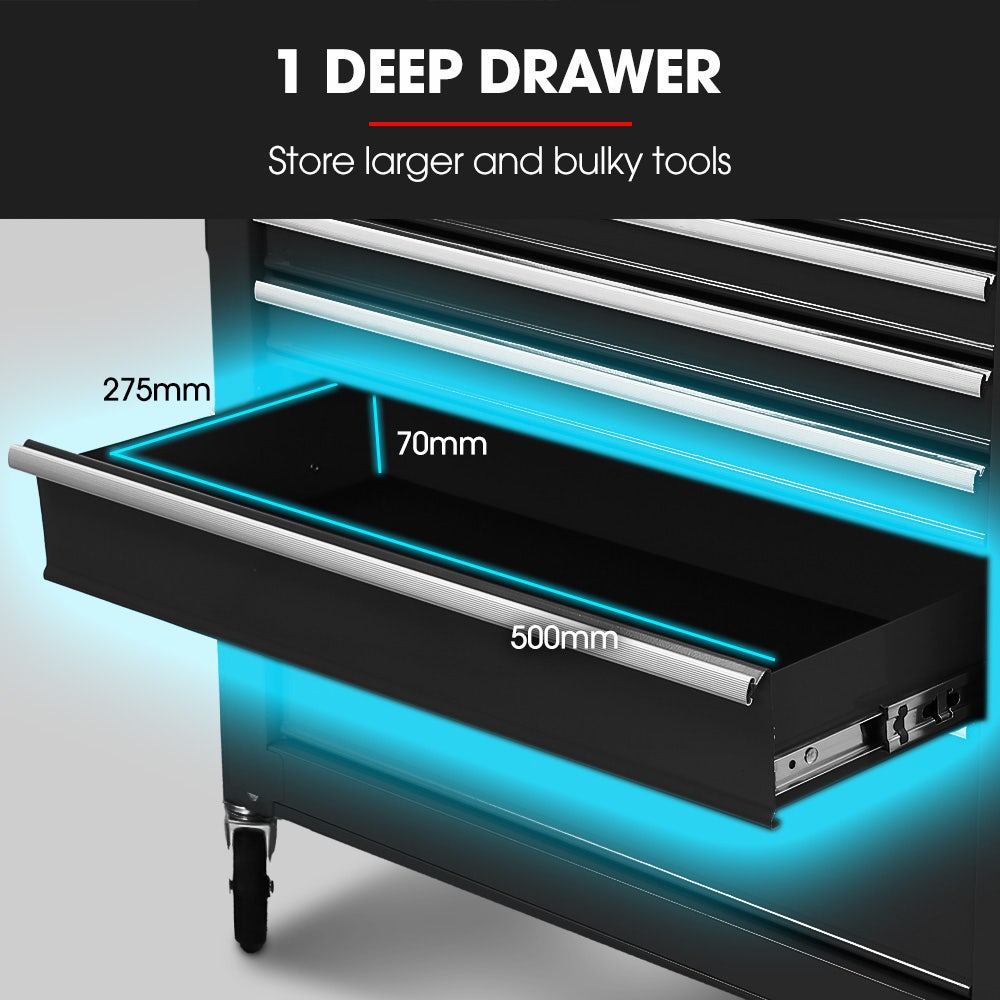 BULLET Pro 7 Drawer Tool Box Cabinet Trolley Storage, Toolbox Garage Organiser Set, Black