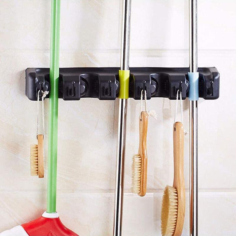 Broom Hanger Mop Holder Wall Mounted Brush Storage Rack Organizer Kitchen Tool - Black