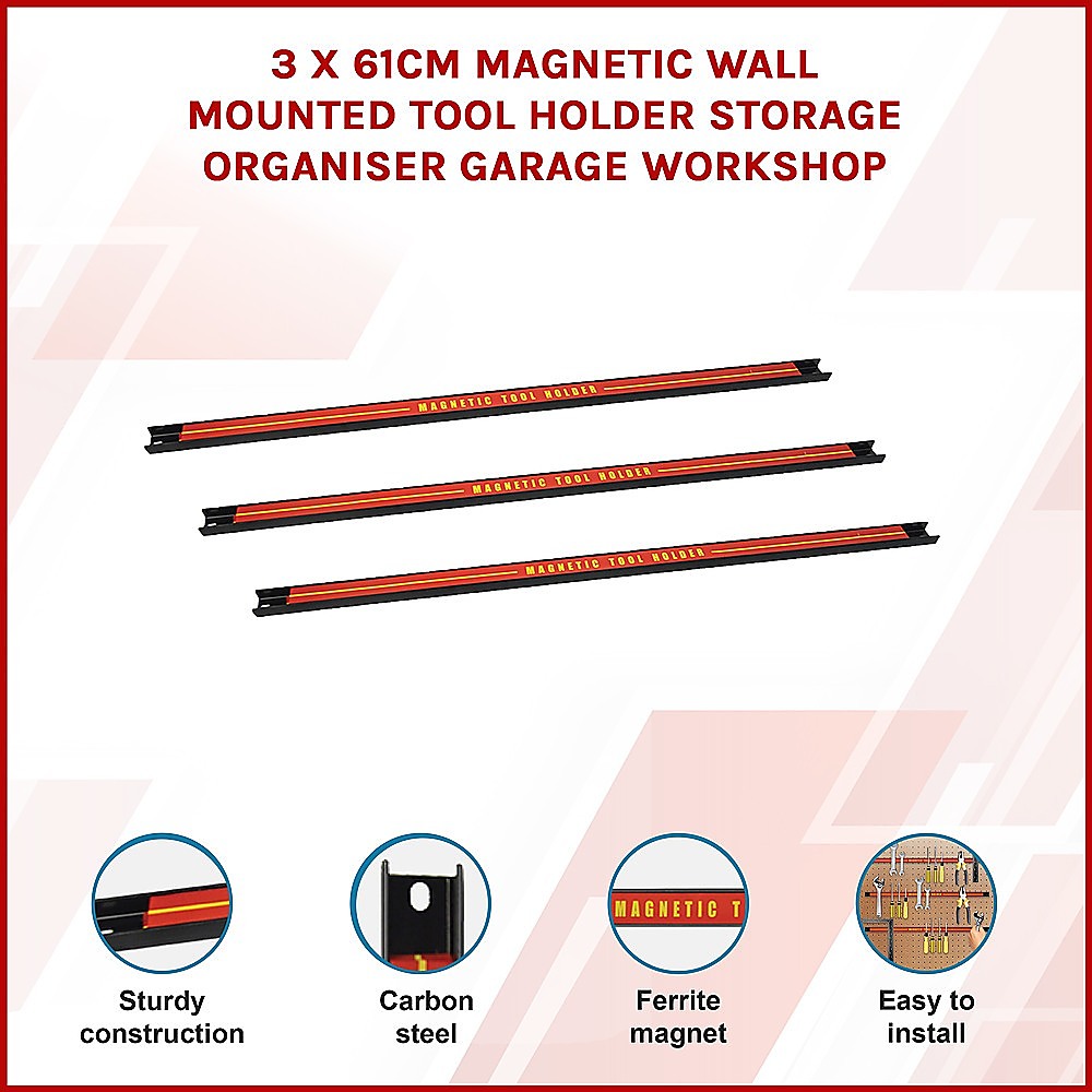 3 x 61cm Magnetic Wall Mounted Tool Holder Storage Organiser Garage Workshop